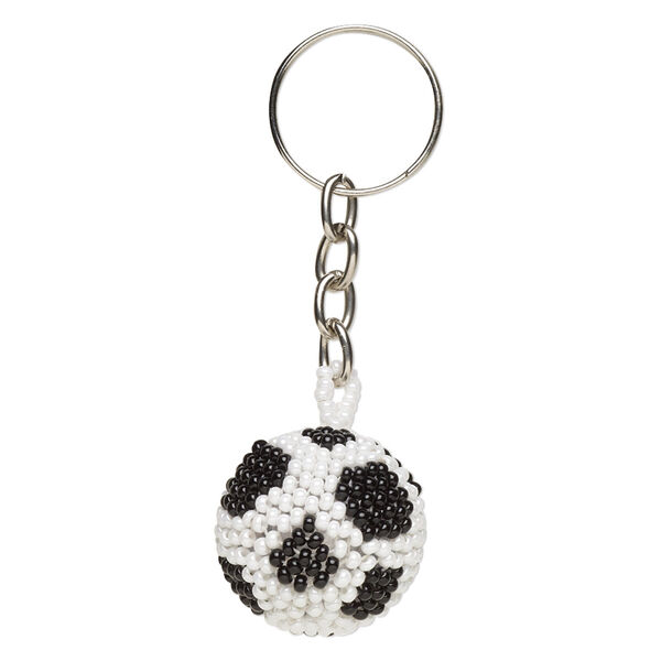 Keychain, glass and steel, white and black, 3-1/4 inches with 26.5mm 3D soccer ball and 22mm split ring. Sold individually. image number 0