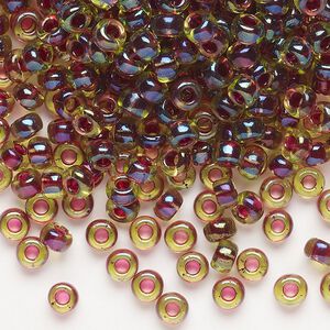 Seed bead, Miyuki, glass, pkg/250g, #6 rocaille, translucent wine-lined luster peridot (RR-336).