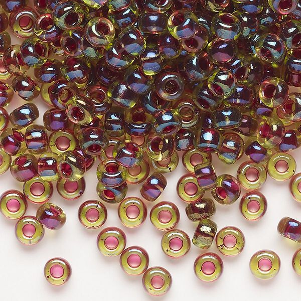 Seed bead, Miyuki, glass, pkg/250g, #6 rocaille, translucent wine-lined luster peridot (RR-336). image number 0