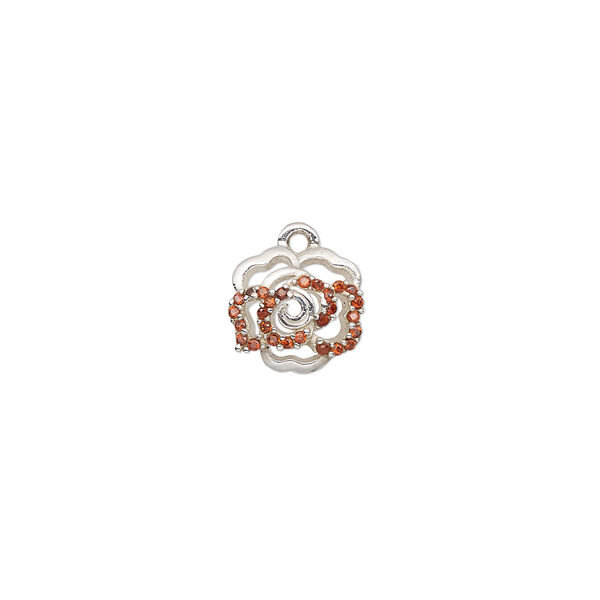 Charm, sterling silver and cubic zirconia, red, 10.5mm rose. Sold individually. image number 0