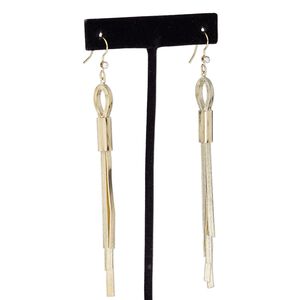 Earring, glass rhinestone and gold-finished brass, clear, 4-1/4 inches with rectangle and fishhook ear wire. Sold per pair.