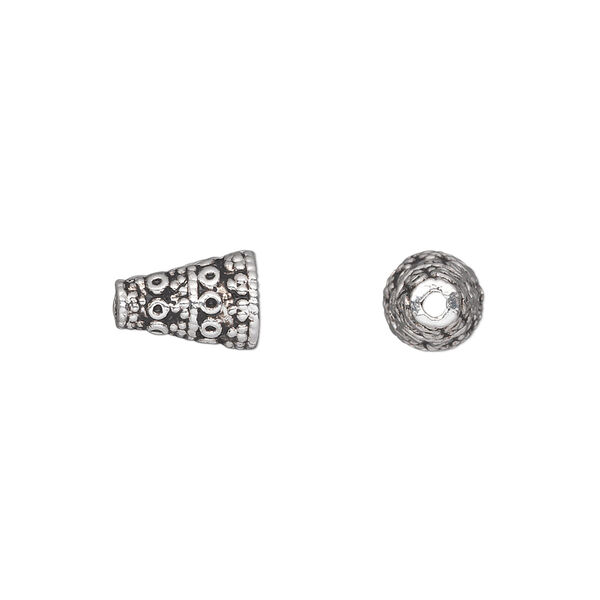 Cone, antique silver-plated "pewter" (zinc-based alloy), 10x7mm textured, 4.5mm inside diameter. Sold per pkg of 50. image number 0