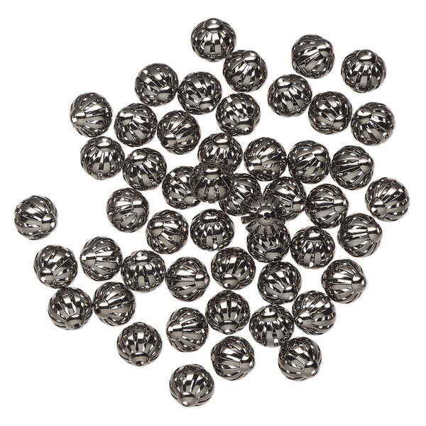 Bead, gunmetal-finished brass, 12x11mm oval with cutout design. Sold per pkg of 50. image number 0