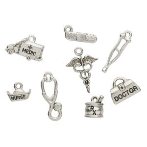 Charm set, antique silver-plated pewter (tin-based alloy), 9x7mm-20x16mm medical theme. Sold per 8-piece set.