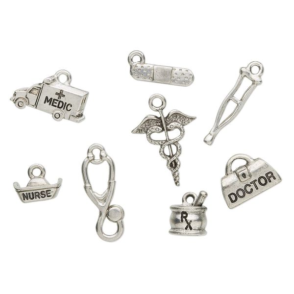 Charm set, antique silver-plated pewter (tin-based alloy), 9x7mm-20x16mm medical theme. Sold per 8-piece set. image number 0