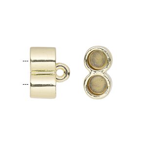 Cord end, glue-in, gold-finished "pewter" (zinc-based alloy), 15x8mm 2-strand barrel, 5.5mm inside diameter. Sold per pkg of 2.