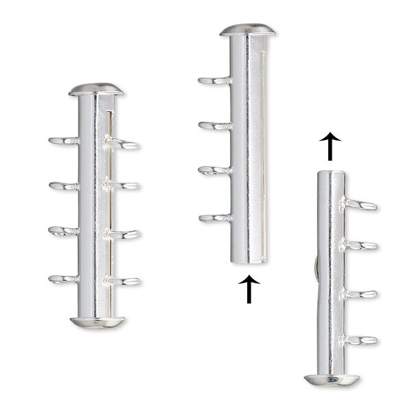 Clasp, 4-strand slide lock, silver-plated brass, 26x6mm round tube. Sold per pkg of 4. image number 0