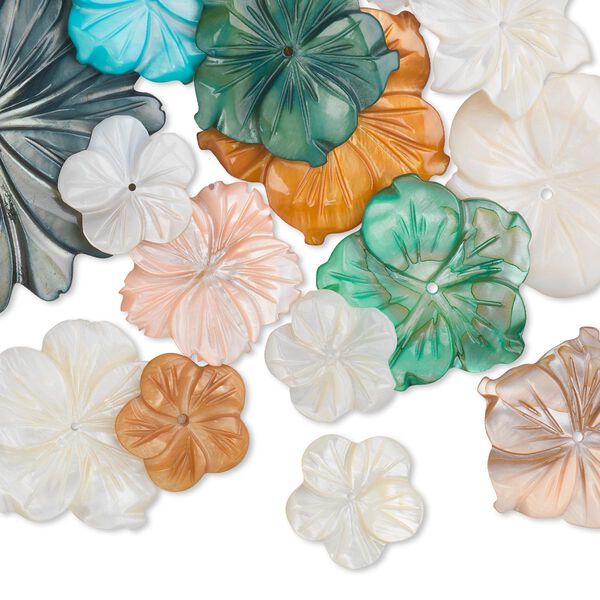 Drop 1pkg25 mother-of-pearl shell, 17x17mm-49x44mm mixed drill carved flower, mix natural/bleached/dyed mixed colors image number 0
