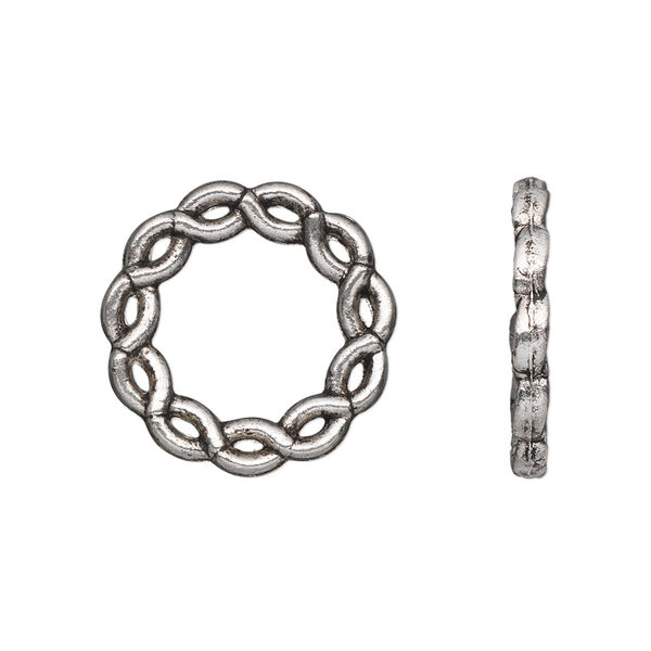 Component, antique silver-plated "pewter" (zinc-based alloy), 20mm double-sided round donut with twisted rope design. Sold per pkg of 20. image number 0