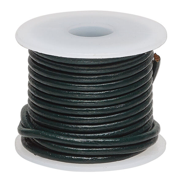 Cord, leather (dyed), dark green, 2mm round. Sold per 5-yard spool. image number 0