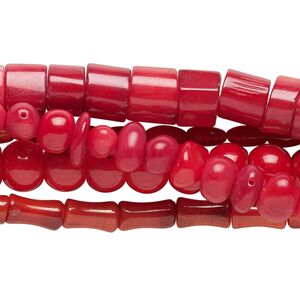Bead mix, bamboo coral (dyed), red, 6x3mm-9x8mm mixed shapes, Mohs hardness 3-1/2 to 4. Sold per pkg of (5) 15-inch strands.