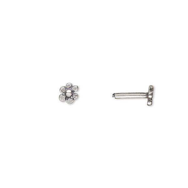 Brad, JBB Findings, antiqued silver-plated brass, 9x5mm with 5x5mm flower and 8x1.5mm post. Sold per pkg of 4. image number 0