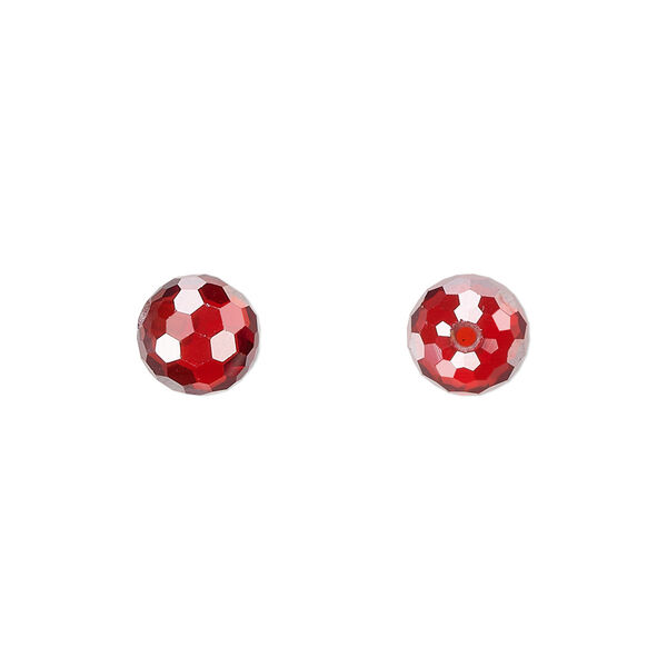 Bead, cubic zirconia, red, 8mm half-drilled faceted round. Sold per pkg of 2. image number 0