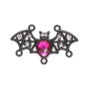 Connector, black-finished "pewter" (zinc-based alloy) and acrylic, black / pink / clear, 33x14mm bat with 2/3 loops. Sold per pkg of 2.