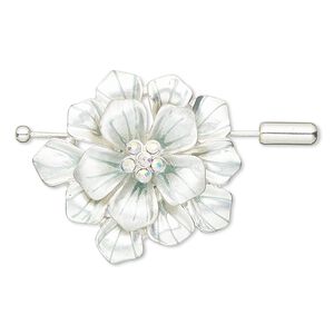 Brooch / pendant, glass rhinestone / enamel / silver-finished "pewter" (zinc-based alloy), silver / teal / clear AB, 36x33.5mm flower. Sold individually.
