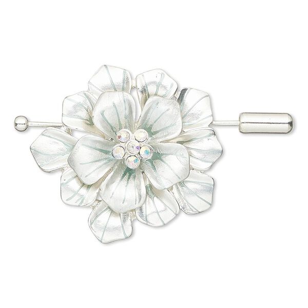 Brooch / pendant, glass rhinestone / enamel / silver-finished "pewter" (zinc-based alloy), silver / teal / clear AB, 36x33.5mm flower. Sold individually. image number 0