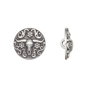 Button, TierraCast®, antique silver-plated pewter (tin-based alloy), 16mm round with longhorn design. Sold per pkg of 20.