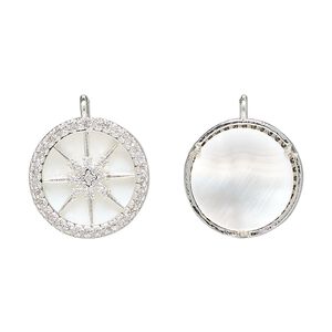 Drop 1pkg2 brass / freshwater pearl shell / glass rhinestone, 16mm round, bleached silver finish / white / clear