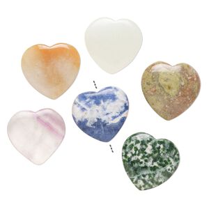 Multi-gemstone 1pkg6, half-drilled puffed heart drop 23-25mm