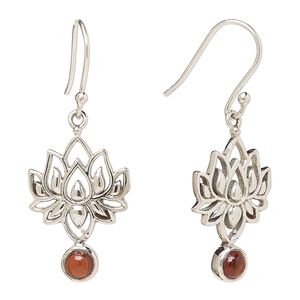 Earring, Create Compliments®, antiqued sterling silver and garnet (natural), fishhook, 37.5mm with 22.5 x 14.5mm single-sided lotus, 21 gauge. Sold per pair.