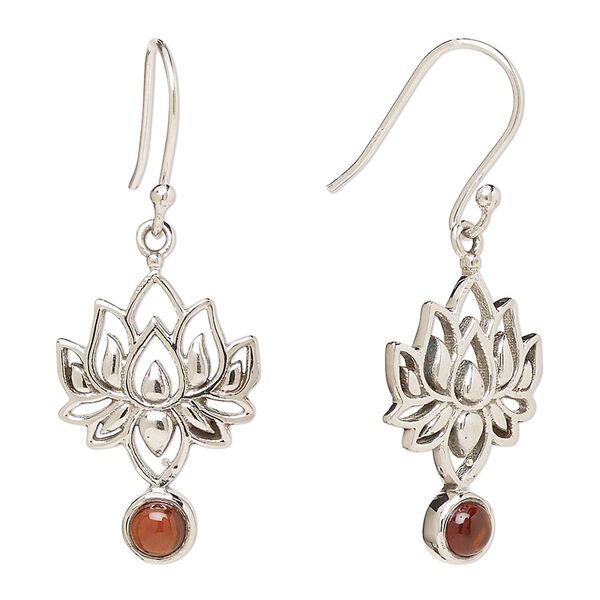 Earring, Create Compliments®, antiqued sterling silver and garnet (natural), fishhook, 37.5mm with 22.5 x 14.5mm single-sided lotus, 21 gauge. Sold per pair. image number 0