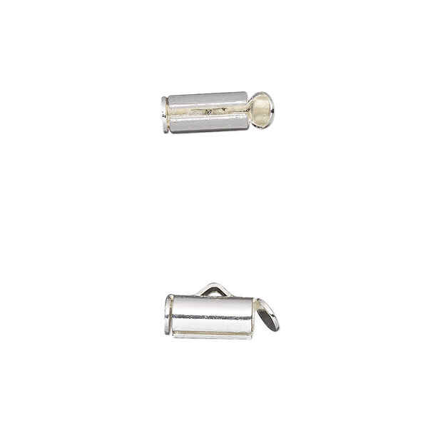 End bar, silver-finished brass, 10x4mm round tube with fold-in ends, 2.75-3mm inside diameter. Sold per pkg of 10. image number 0