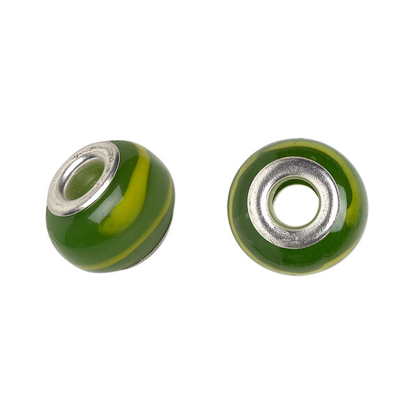 Bead, Dione®, lampworked glass with silver-plated brass grommets, semitransparent green and yellow, 14x9mm rondelle with stripes. Sold per pkg of 6. image number 0