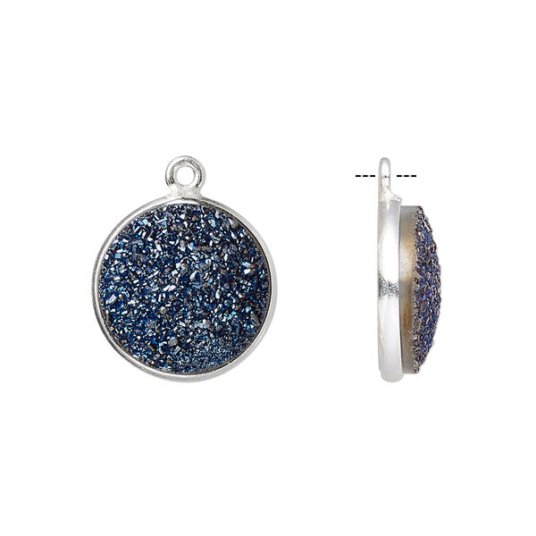 Drop, titanium- / electro-coated druzy agate (coated) / sterling silver, cobalt, 15mm hand-cut single-sided flat round. Sold individually. image number 0
