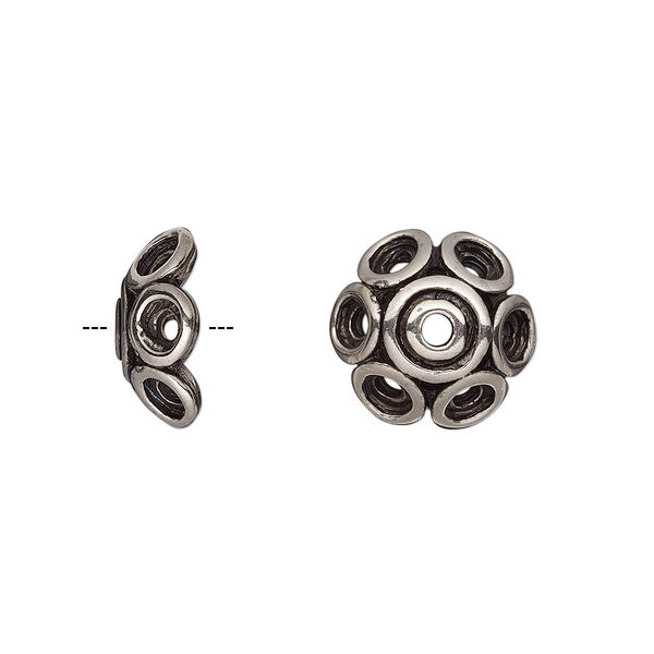 Bead cap, antiqued silver-plated pewter (tin-based alloy), 13x5.5mm round with circle design, fits 12-14mm bead. Sold per pkg of 2. image number 0