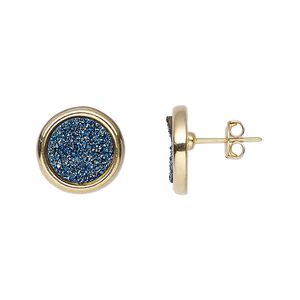 Druzy agate / brass 1pkg2, electroplated gold / 24Kt gold-plated round earstud 13mm