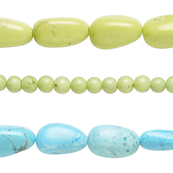 Bead mix, magnesite (dyed / stabilized), blue and green, 4-6mm round and small to medium nugget, Mohs hardness 5. Sold per (3) 15" to 16" strands. image number 0