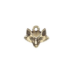 Charm, antique gold-plated pewter (tin-based alloy), 15x12mm single-sided fox head. Sold per pkg of 2.