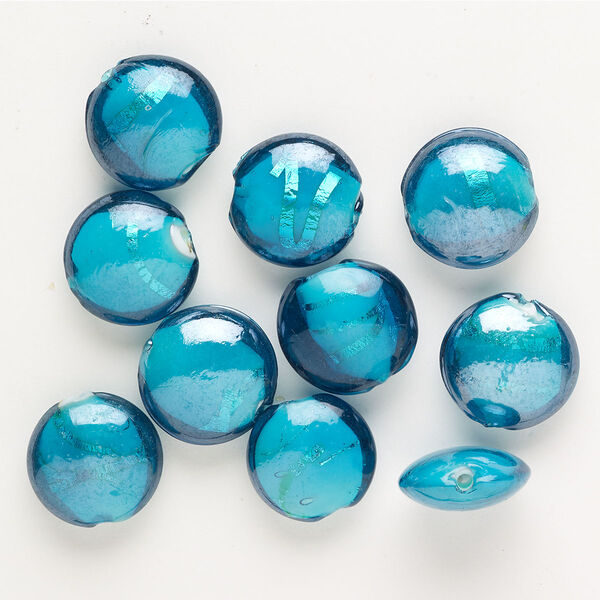 Bead, lampworked glass, opaque teal with silver-colored foil, 19-21mm puffed flat round. Sold per pkg of 10. image number 0