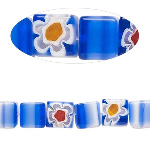 Bead, millefiori glass, translucent cobalt blue / red / white, 7-9mm cube with flower and stripe design. Sold per 14-inch strand.