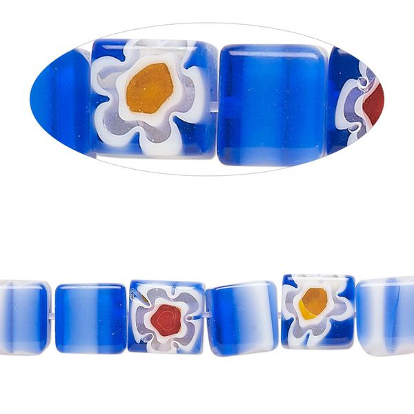 Bead, millefiori glass, translucent cobalt blue / red / white, 7-9mm cube with flower and stripe design. Sold per 14-inch strand. image number 0