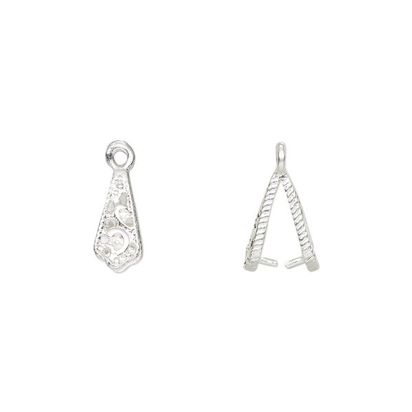 Bail, ice-pick, silver-plated brass, 11.5x5mm textured with cutout design, 6.5mm grip length. Sold per pkg of 6. image number 0
