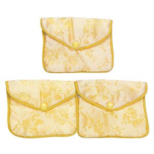 Pouch, rayon, light yellow / yellow / white, 3-1/2x4-1/2-inch brocade. Sold per pkg of 3.