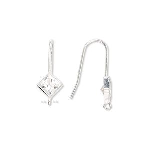 Ear wire fishhook 1pkg2 sterling silver / cubic zirconia, 18mm / 6mm faceted diamond / open loop, 20 gauge clear 1 pair