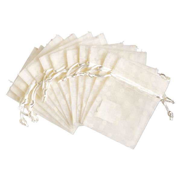 Pouch, flocked organza, ivory, 4x3 inches with dots pattern and drawstring closure. Sold per pkg of 12. image number 0