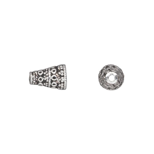 Cone, antique silver-plated "pewter" (zinc-based alloy), 10x7mm textured, 4.5mm inside diameter. Sold per pkg of 50. image number 0