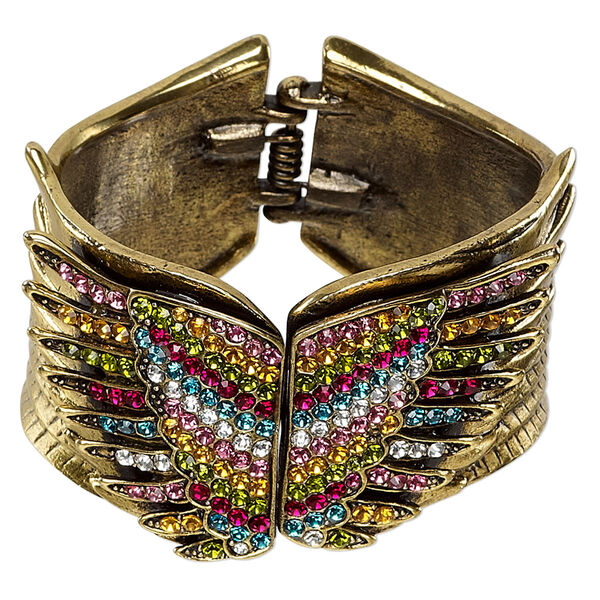 Bracelet, hinged bangle, antique gold-finished "pewter" (zinc-based alloy) and glass rhinestone, multicolored, 45mm wide with double wing design, 6-1/2 inches. Sold individually. image number 0