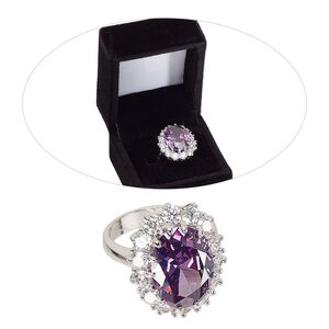 Ring, cubic zirconia and rhodium-finished brass, tanzanite purple and clear, 23mm fancy oval, size 8. Sold individually.