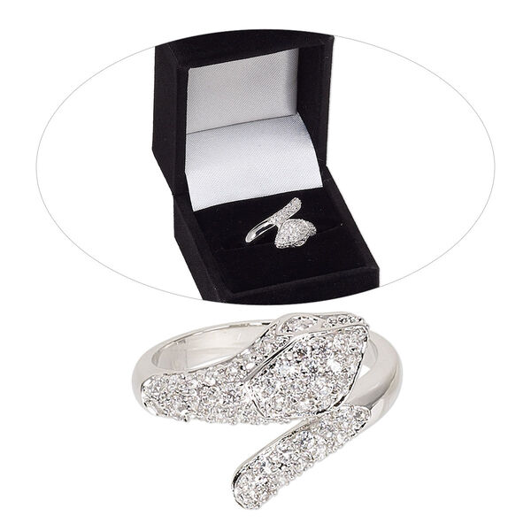 Ring, cubic zirconia and rhodium-finished brass, clear, 15mm wide with snake, size 8. Sold individually. image number 0