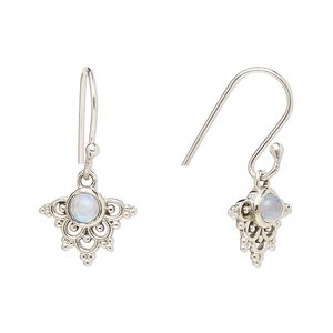 Earring, Create Compliments®, antiqued sterling silver and rainbow moonstone (natural), fishhook, 24.5mm with 13x11mm single-sided beaded fancy arrowhead, 21 gauge. Sold per pair.
