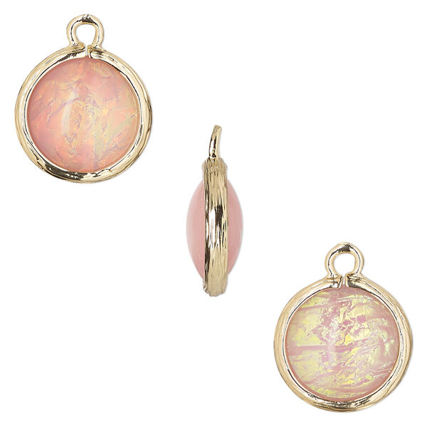 Drop, Opalized Ice™, "opal" (resin) and gold-finished brass, light pink, 14mm double-sided round. Sold per pkg of 4. image number 0