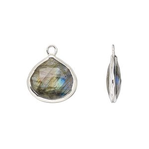 Drop, labradorite (natural) and sterling silver, 15mm double-sided faceted teardrop. Sold per pkg of 2.