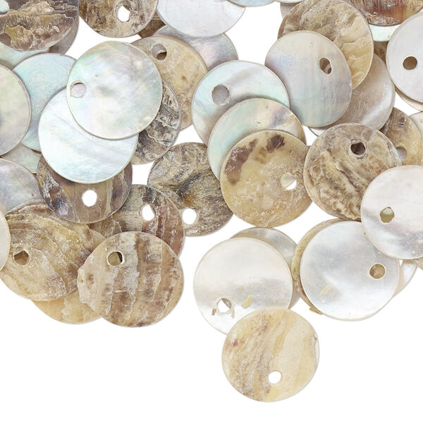 Drop, mussel shell (natural / coated), natural 10mm flat round, Mohs hardness 3-1/2. Sold per pkg of 100. image number 0