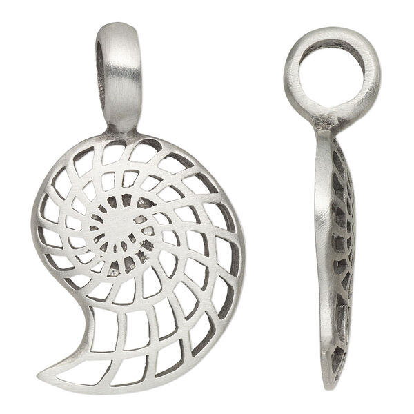 Pendant, antiqued pewter (tin-based alloy), 40x22mm single-sided nautilus with 6.5mm hole. Sold individually. image number 0