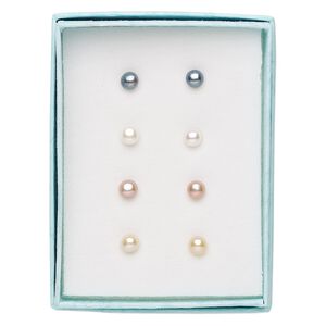 Earstud, cultured freshwater pearl (bleached / dyed) and stainless steel, assorted colors, 4.5-5mm button with post. Sold per pkg of 4 pairs.