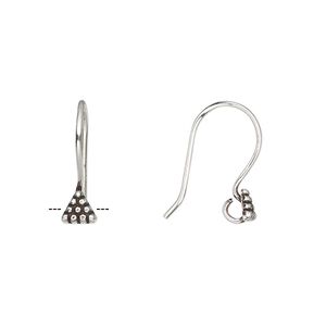 Ear wire fishhook 1pkg4 sterling silver, 18mm / 4mm beaded triangle / open loop, 20 gauge antiqued 2 pair